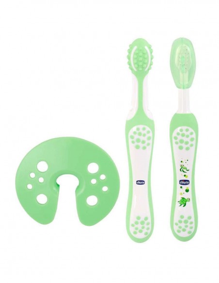 Chicco Set Aprendizaje: Cepillo Masajeador +4 Meses, Cepillo Primeros Dientes 6-36 Meses y Escudo de Protección