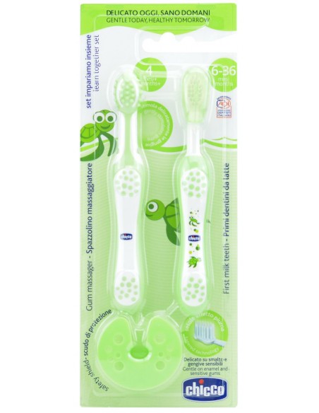 Chicco Set Aprendizaje: Cepillo Masajeador +4 Meses, Cepillo Primeros Dientes 6-36 Meses y Escudo de Protección