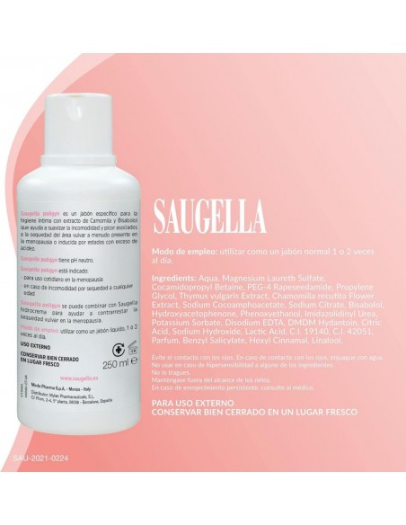 Saugella Poligyn Jabón pH neutro Suavizante y Emoliente Higiene Íntima 250 ml