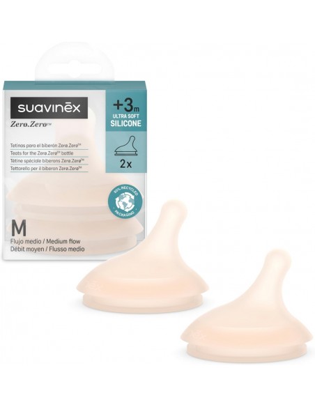 Suavinex Tetina Silicona Flujo Medio para Biberón Zero.Zero +3m - 2 unidades
