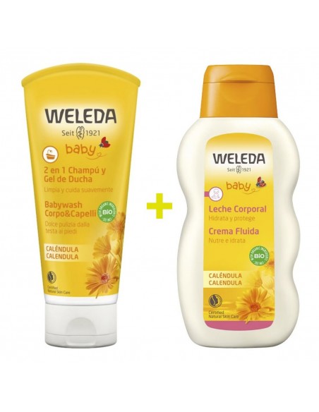 Weleda Baby Caléndula 2 en 1 Champú y Gel de Ducha 200 ml + Leche Corporal 200 ml + Regalo Crema Pañal 30 ml