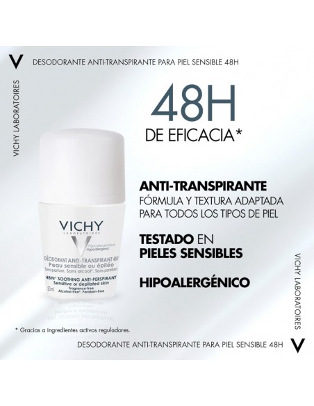 Vichy Desodorante Roll-on 48h Antitranspirante Piel Sensible o Depilada Sin Perfume 50 ml