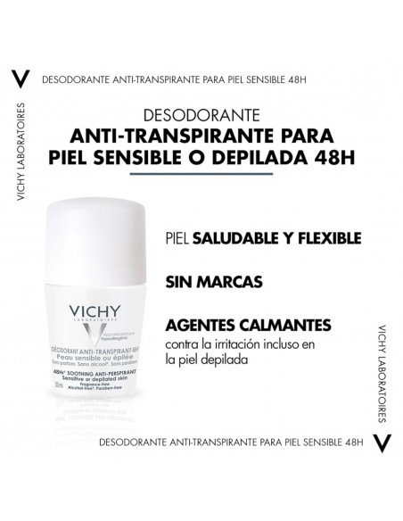 Vichy Desodorante Roll-on 48h Antitranspirante Piel Sensible o Depilada Sin Perfume 50 ml