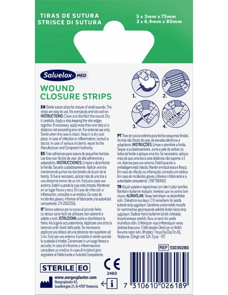 Salvelox Med Tiras Sutura Recortables 5 unidades 3x75 mm y 3 unidades 6,4x80 mm