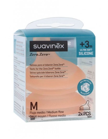Suavinex Tetina Silicona Flujo Medio para Biberón Zero.Zero +3m - 2 unidades