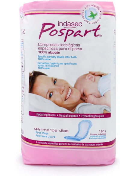 Indasec Pospart Compresas Tocológicas Específicas para el Parto 100% Algodón - 12 unidades