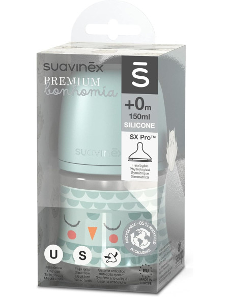 Suavinex Biberón Premium Bonhomía Tetina Fisiológica SX Pro de Silicona Flujo Lento Color Rosa/Verde/Gris +0m 150 ml