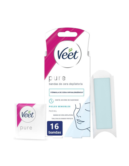 Veet Pure 16 Bandas Cera Depilatoria Facial Piel Sensible  3 Toallitas Acabado Perfecto