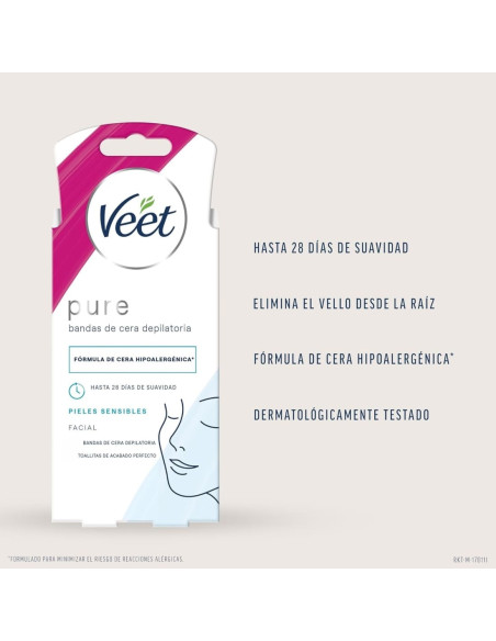 Veet Pure 16 Bandas Cera Depilatoria Facial Piel Sensible  3 Toallitas Acabado Perfecto