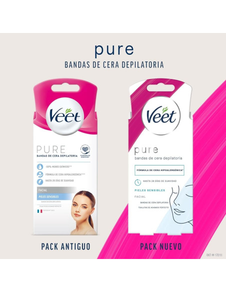 Veet Pure 16 Bandas Cera Depilatoria Facial Piel Sensible  3 Toallitas Acabado Perfecto