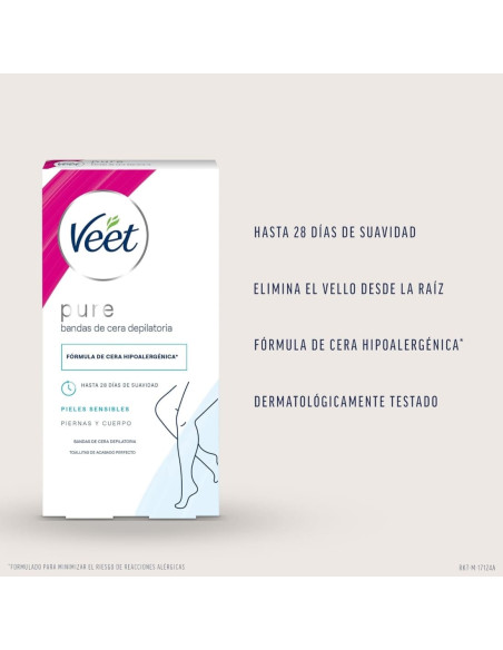 Veet Pure 16 Bandas Cera Depilatoria Piernas y Cuerpo Piel Sensible  2 Toallitas Acabado Perfecto