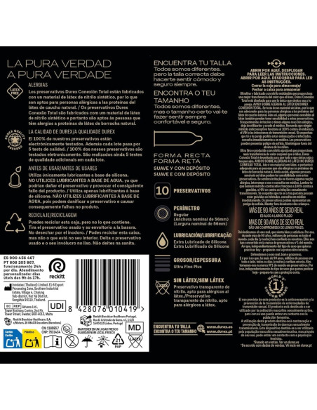 Durex Preservativo Conexión Total Premium Sin Látex Calor Corporal Regular Fit 10 unidades