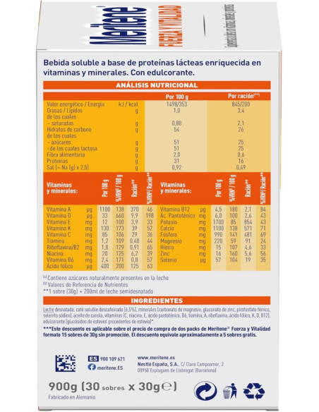 Meritene Fuerza y Vitalidad Café Descafeinado 30 sobres de 30 gramos